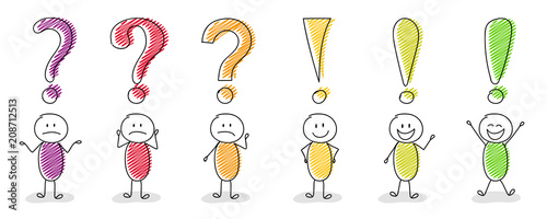 Set of multicoloured cartoon stickmen with question and exclamation mark icons. Vector.