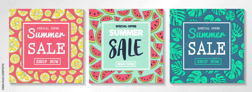 Summer Sale - concept of multicoloured posters with hand drawn icons of tropical fruits and leaves. Vector.