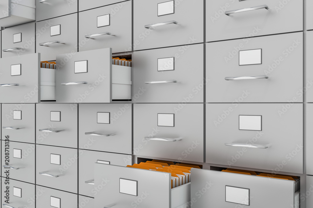 Filing cabinet with yellow folders in an open drawers Filing cabinet with yellow folders in an open drawers