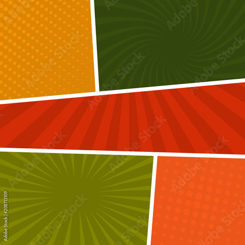 Colorful comic book page background in pop art style. Empty template with rays and dots pattern. Vector illustration 