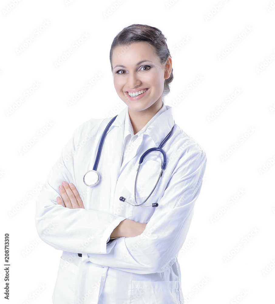 portrait of a friendly female doctor.isolated on white portrait of a friendly female doctor.isolated on white