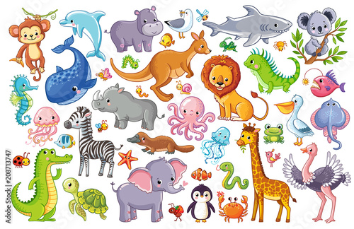 Vector set with animals. Cute animal on a white background in a childrens style.