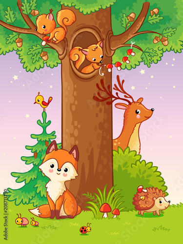 Wallpaper Mural Cute vector illustration with animals. The squirrel in a double. The deer in the bushes. The fox sits in the forest. Torontodigital.ca