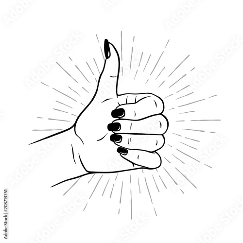 Hand drawn female hand in Like gesture. Flash tattoo, blackwork, sticker, patch or print design vector illustration