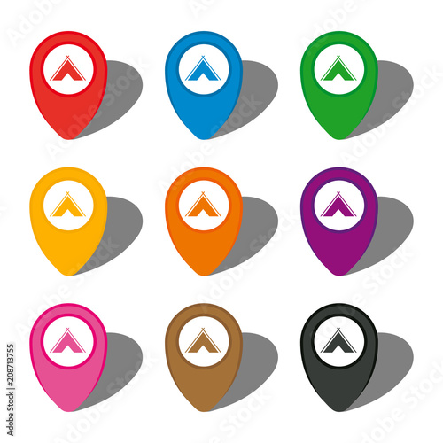 Free Download Set of nine colorful map pointers with campsite sign in white circle and with shadow. Vector illustration
 - GFXLoad