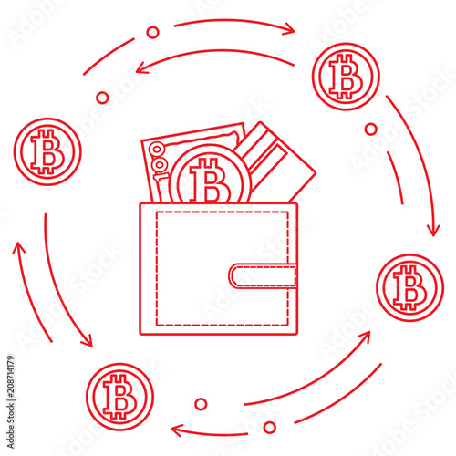 Purse with banknote, credit card and bitcoin.