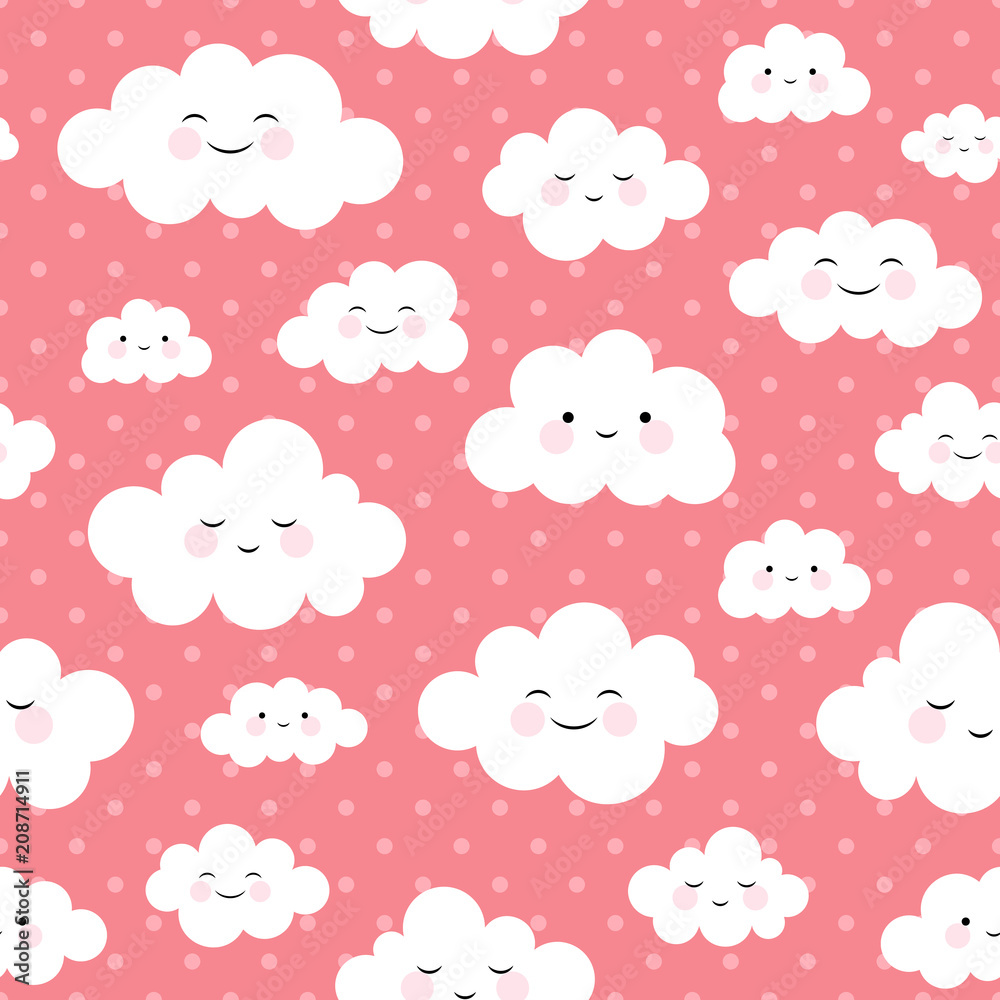 Fototapeta premium Cute Cartoon Face Cloud Seamless Pattern Background with Dot, Vector illustration