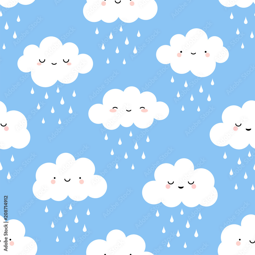 Cute cartoon face cloud seamless pattern with rain drop background, vector illustration Cute cartoon face cloud seamless pattern with rain drop background, vector illustration