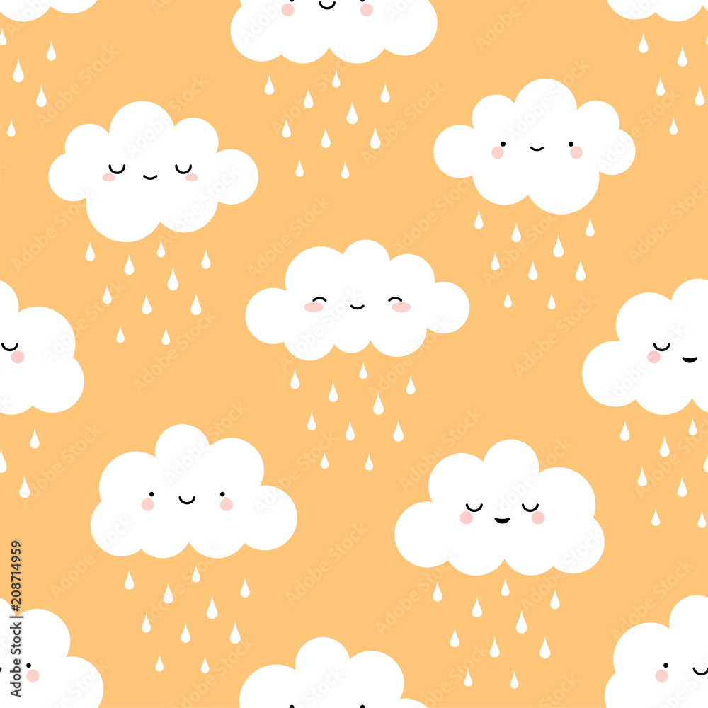 Cute cartoon face cloud seamless pattern with rain drop background, vector illustration