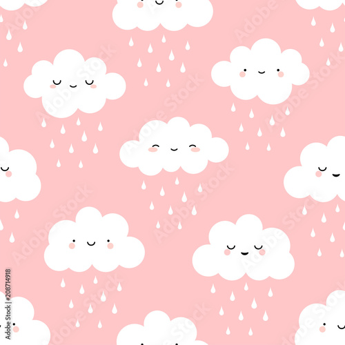 Cute cartoon face cloud seamless pattern with rain drop background, vector illustration © Gabriel Onat