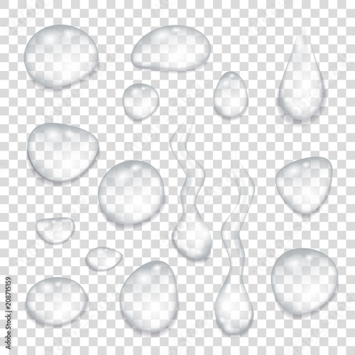 Transparent gray drops of pure water.
