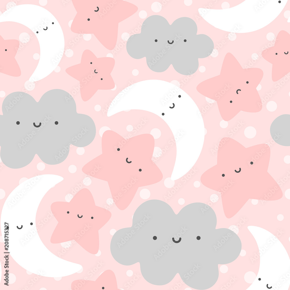 Moon, Cloud and Stars Cute Seamless Pattern, Cartoon Vector Illustration Background Moon, Cloud and Stars Cute Seamless Pattern, Cartoon Vector Illustration Background