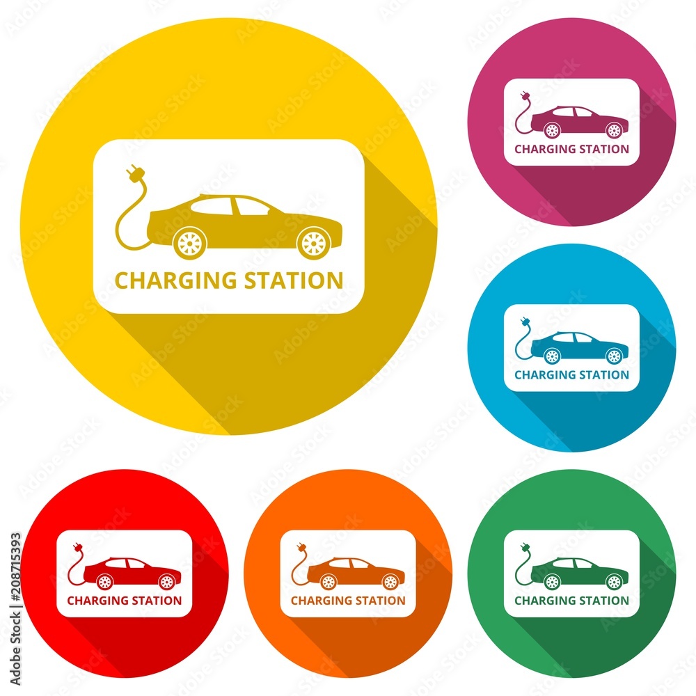 Elektroauto icon, Charging station, color icon with long shadow Elektroauto icon, Charging station, color icon with long shadow