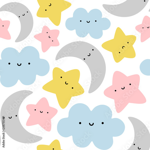 Moon, Cloud and Stars Cute Seamless Pattern, Cartoon Vector Illustration Background