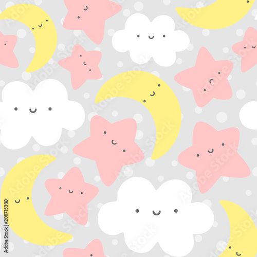 Moon, Cloud and Stars Cute Seamless Pattern, Cartoon Vector Illustration Background