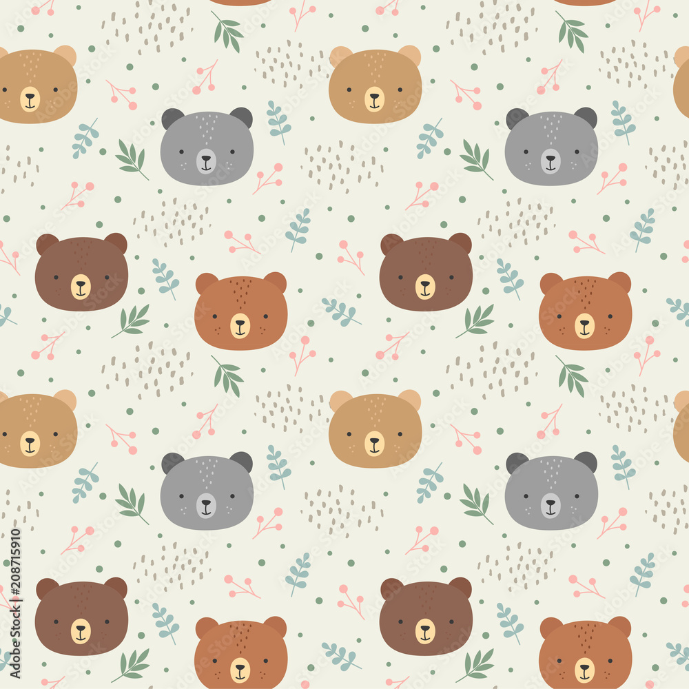 Naklejka premium Cute teddy bears background, seamless pattern, hand drawn forest, vector illustration
