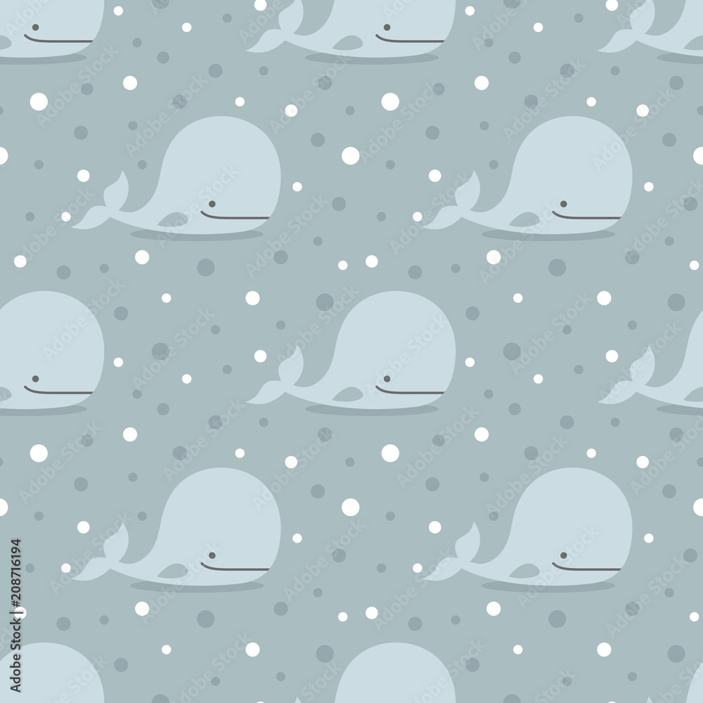 Fototapeta premium Whale Seamless Pattern, Cute Cartoon Background with Blue Wave
