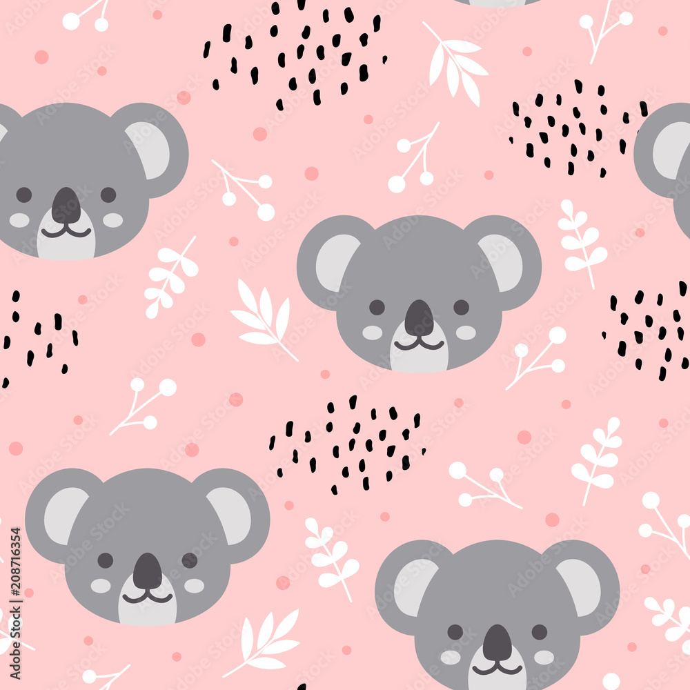Obraz premium Wzór ładny koala, ręcznie rysowane tła lasu z kwiatami i kropkami, ilustracji wektorowych