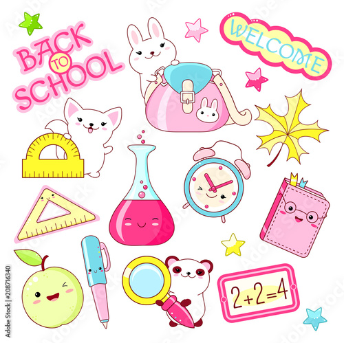 Vector set of education icons in kawaii style