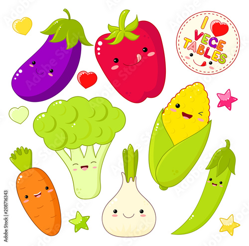 Set of cute vegetable icons in kawaii style