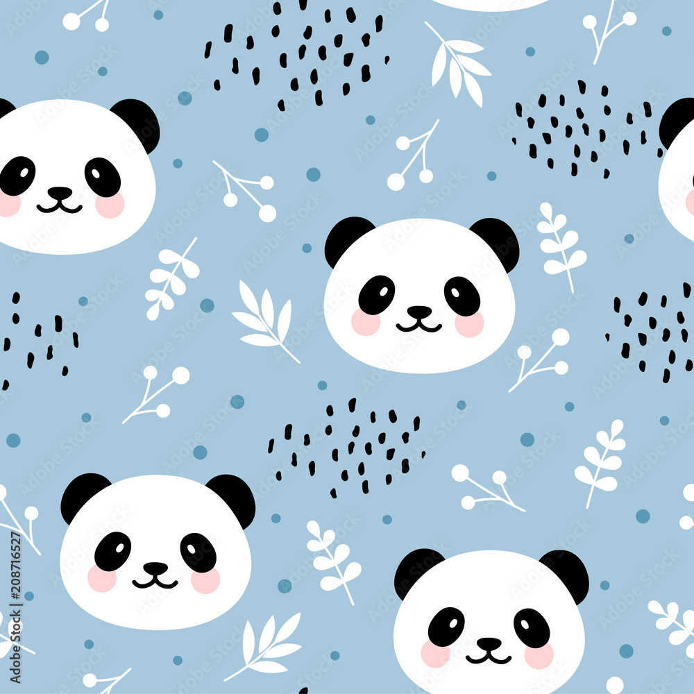 Fototapeta premium Ładny wzór pandy, ręcznie rysowane tła lasu z kwiatami i kropkami, ilustracji wektorowych