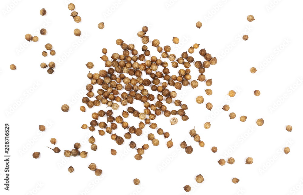 Coriander seeds isolated on white background, top view 
