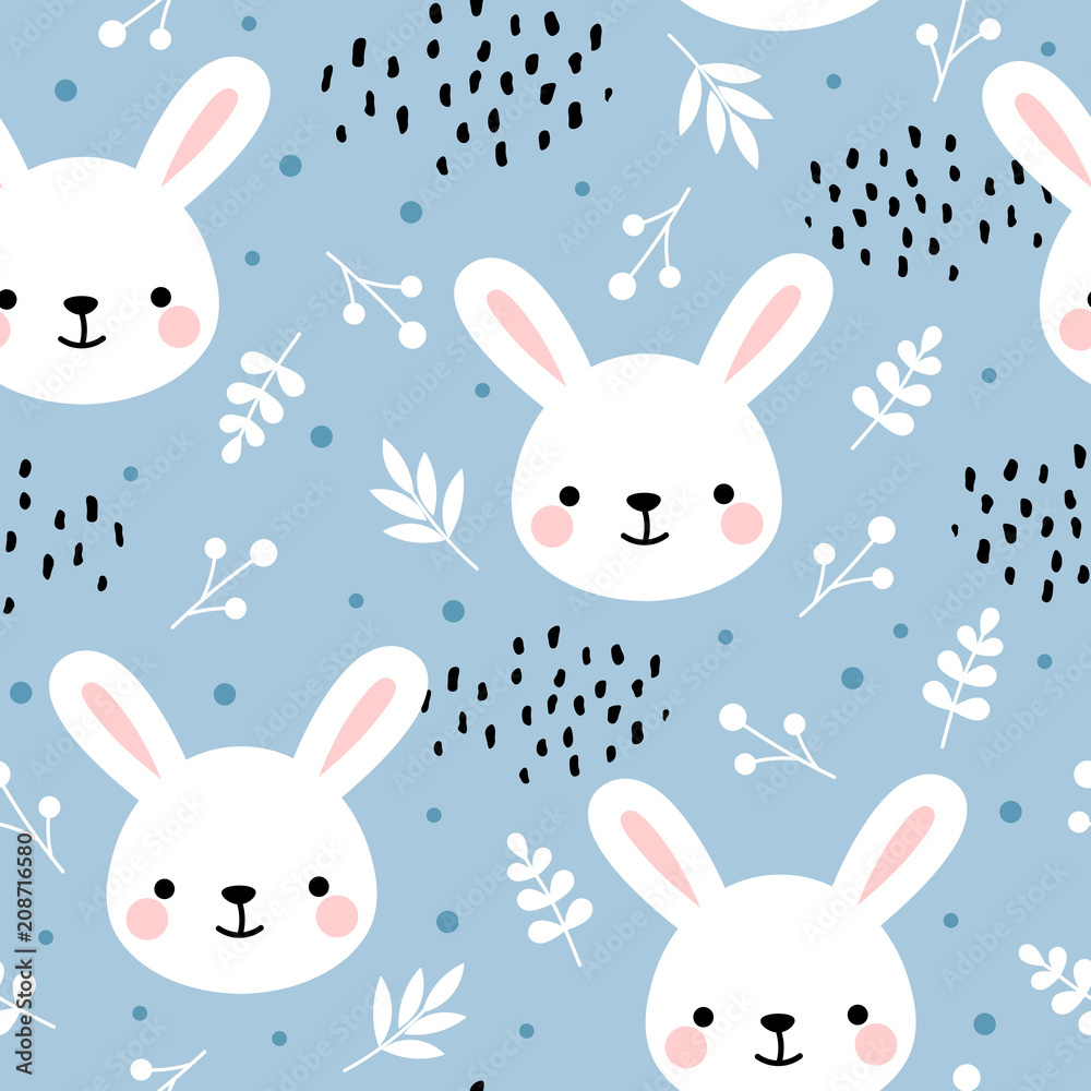 Cute rabbit seamless pattern, bunny hand drawn forest background with flowers and dots, vector illustration Cute rabbit seamless pattern, bunny hand drawn forest background with flowers and dots, vector illustration
