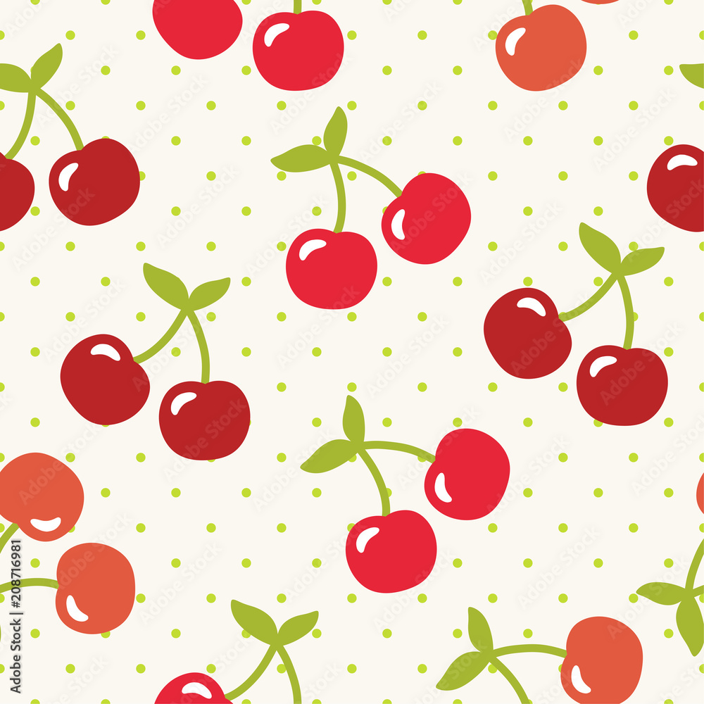 Cherry pattern, cute heart fruit cartoon seamless background with dot, Vector illustration Cherry pattern, cute heart fruit cartoon seamless background with dot, Vector illustration