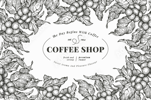 Coffee tree banner template. Vector illustration. Vintage coffee frame. Hand drawn engraved style illustration.