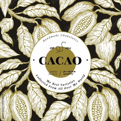 Cocoa bean tree banner template. Chocolate cocoa beans background. Vector hand drawn illustration. Vintage style illustration.