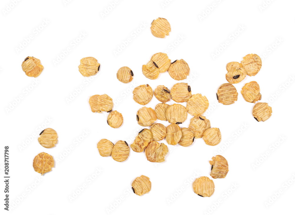 Integral soybean flakes isolated on white background, top view Integral soybean flakes isolated on white background, top view