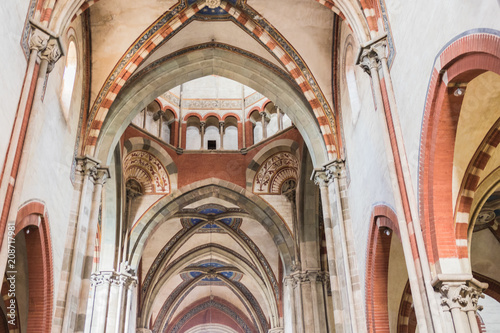 Interior of the Basilica of Sant'Andrea that was built between 1219 and 1227. The abbey has a Gothic style, one of the first in Italy, fused with Lombard Romanesque style.