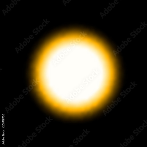 Yellow bright light sphere. Sun eclipse begin. Vector illustration on black background.