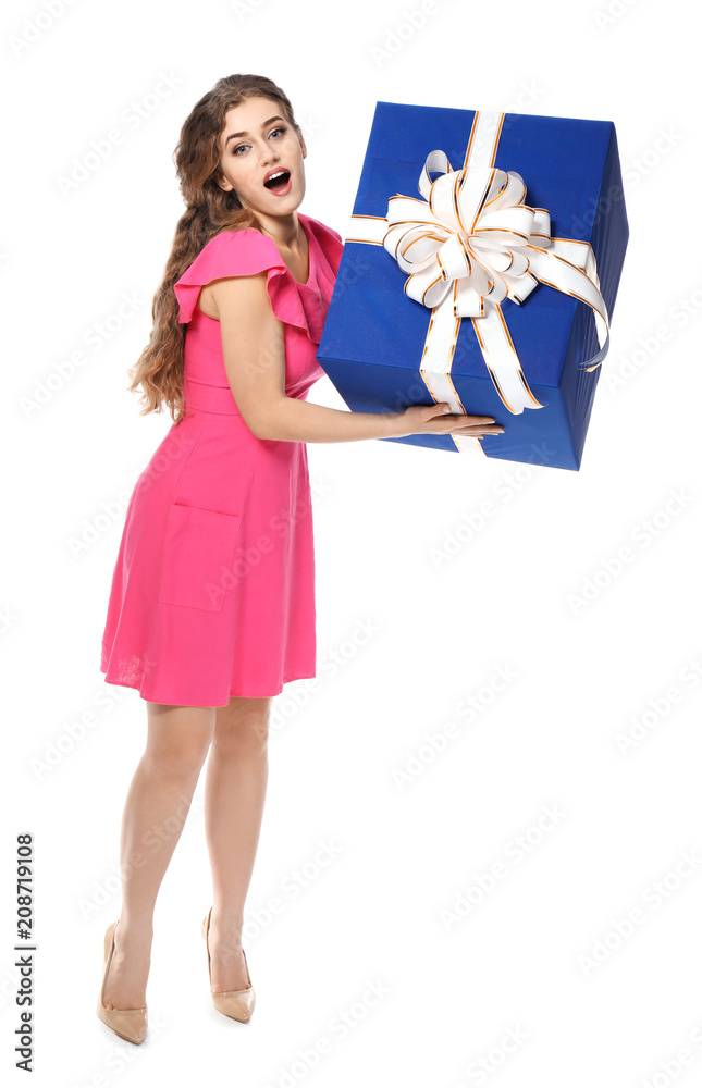 Beautiful young woman with big gift box on white background Beautiful young woman with big gift box on white background