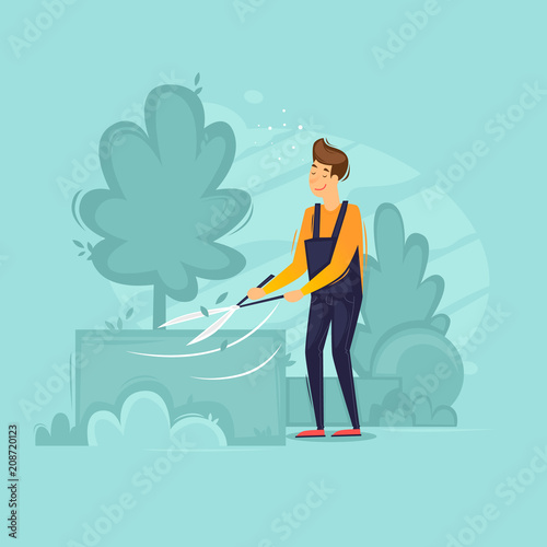 Gardener cuts plants, garden. Flat design vector illustration.