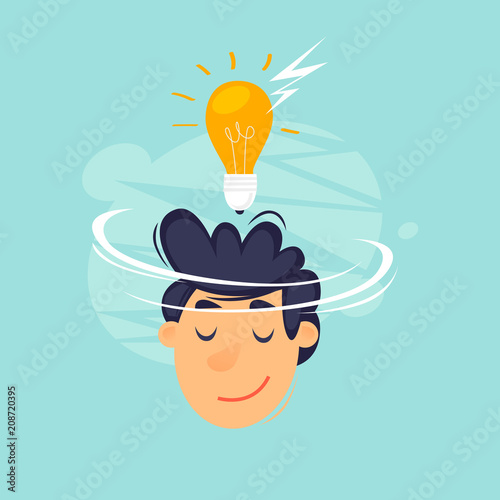 Idea, face with a lightbulb, business, start-up. Flat design vector illustration.
