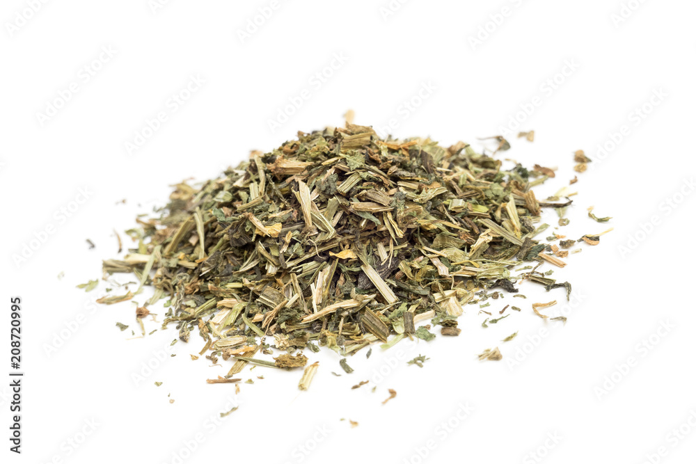 Organic dried cleavers isolated on white background, high angle view Organic dried cleavers isolated on white background, high angle view