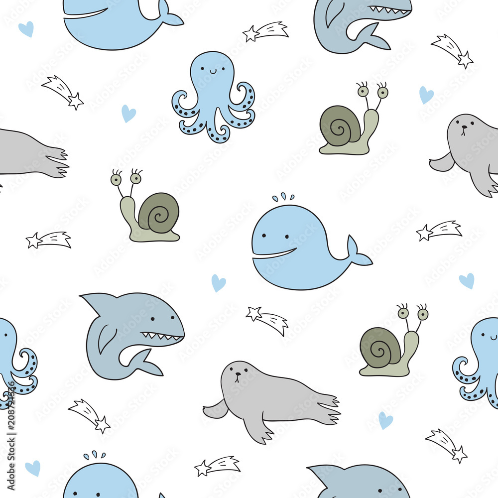 Fototapeta premium Seamless vector pattern with cute doodle animals.