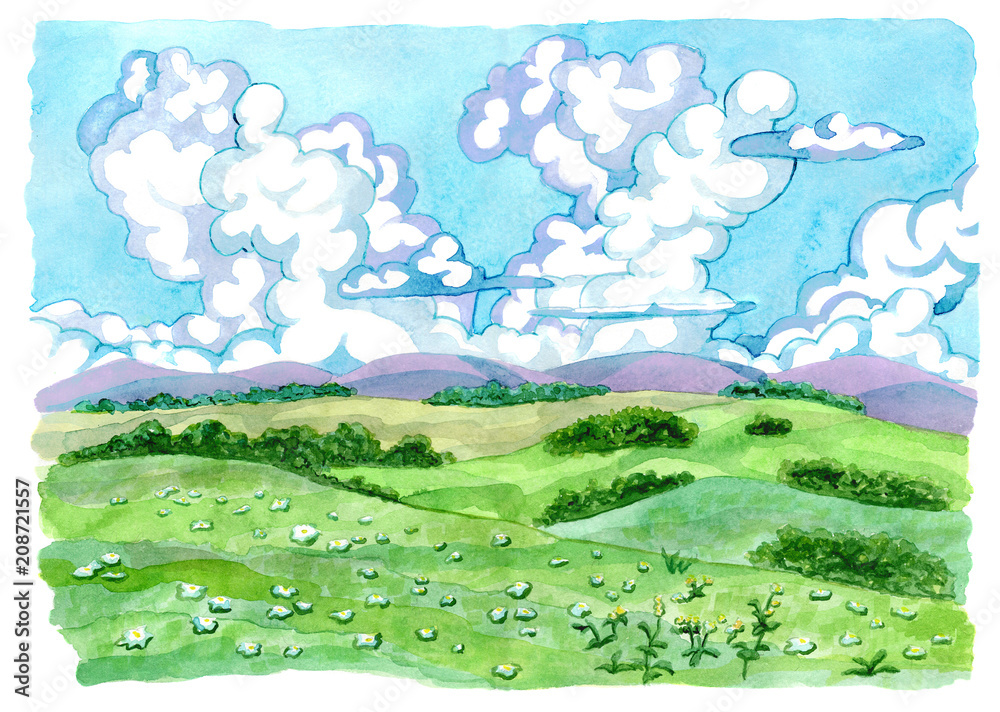 Summer rural landscape with green field and clouds. Vintage country background with summer landscape, watercolor illustration 