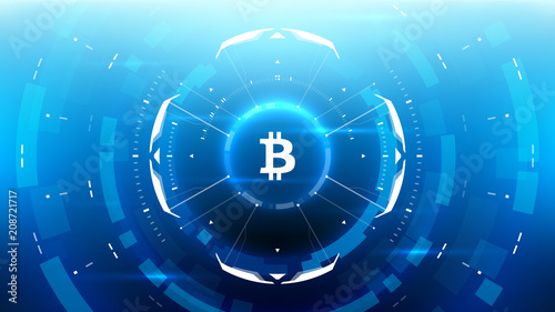 Bitcoin cryprocurrency futuristic vector illustration for background, HUD, graphical user interface, banner, business and finance infographics and more. Worldwide digital money blockchain system