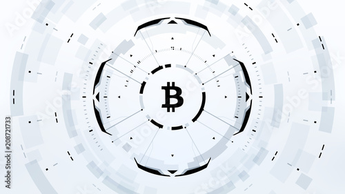 Bitcoin cryprocurrency futuristic black and white vector illustration for background, HUD, GUI, banner, business and finance, advertising and more. Worldwide digital money blockchain system technology