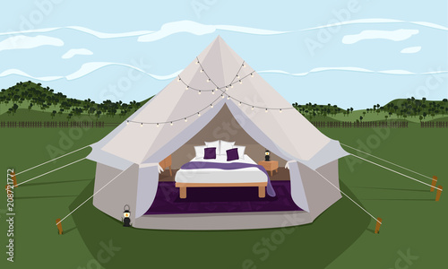 Glamping tent set up in a green field under a blue sky. Flat design vector illustration