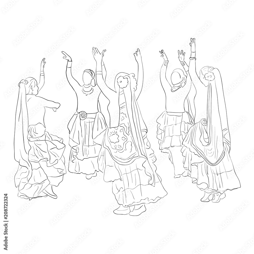 Sketch of women dancing in a circle. Tribal Style Belly Dance, ATS, national dance. Vector illustration. Sketch of women dancing in a circle. Tribal Style Belly Dance, ATS, national dance. Vector illustration.