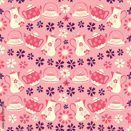 Vector pink teapots garden seamless pattern background.