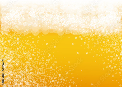 Beer bubbles background with realistic white foam.  Cool beverage for restaurant menu design, banners and flyers.  Yellow horizontal beer bubbles backdrop. Cold glass of ale for brewery design.