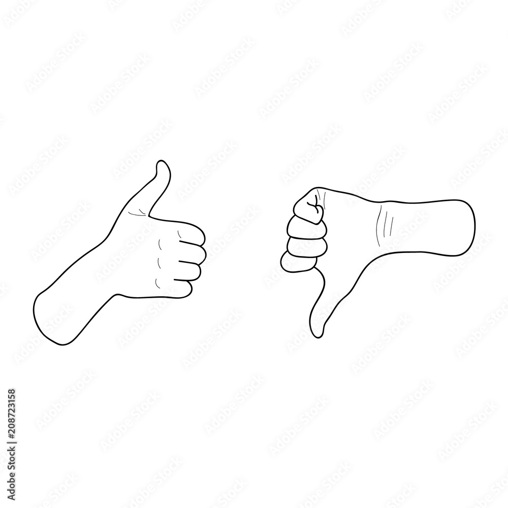 Like and dislike hands, thumbs up and down. Line drawing. Cartoon vector  illustration. Stock Vector | Adobe Stock