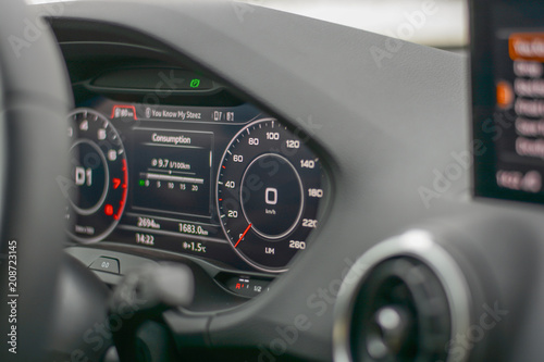 Dashboard of modern car speedometar and transmision transportation