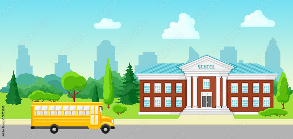 Illustration of school building and bus.