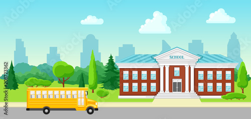 Fototapeta Naklejka Na Ścianę i Meble -  Illustration of school building and bus.
