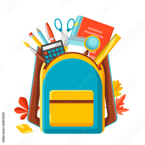 School backpack with education items.